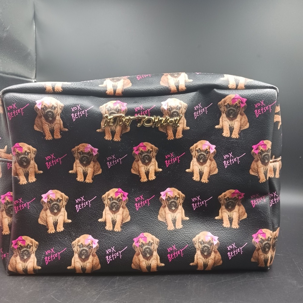 Vintage Betsey Johnson XLg MakeUp / travel tote Adorbs PUPPY w pink bow 2zips **